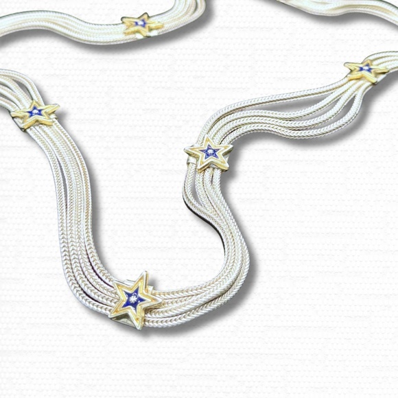 Silver Star Necklace, Multi Strand Sterling Station Choker Gold, Blue Enamel EUC - Picture 1 of 9